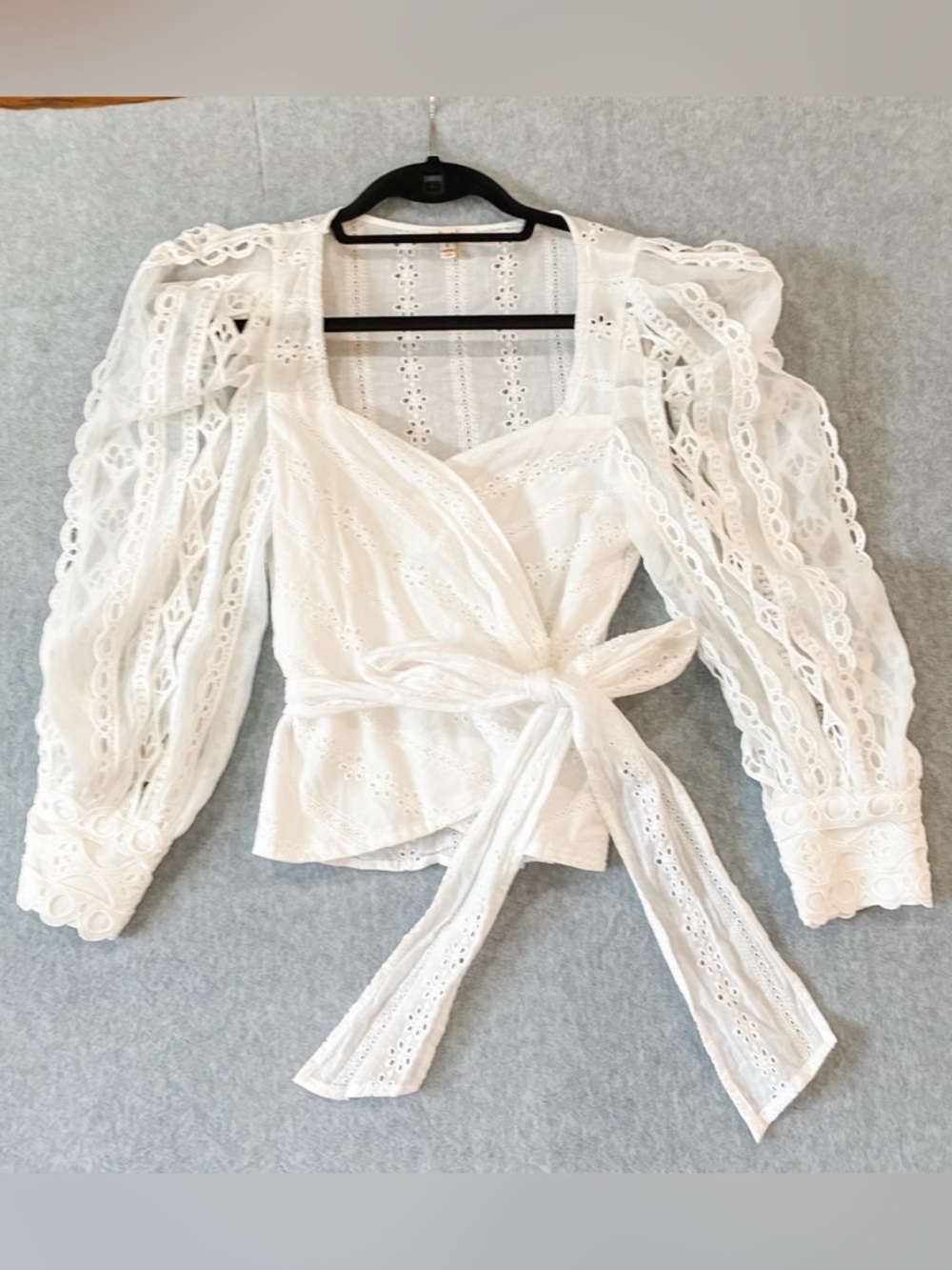 White Eyelet Lace Wrap Top Puff Sleeve Tie Waist Blouse